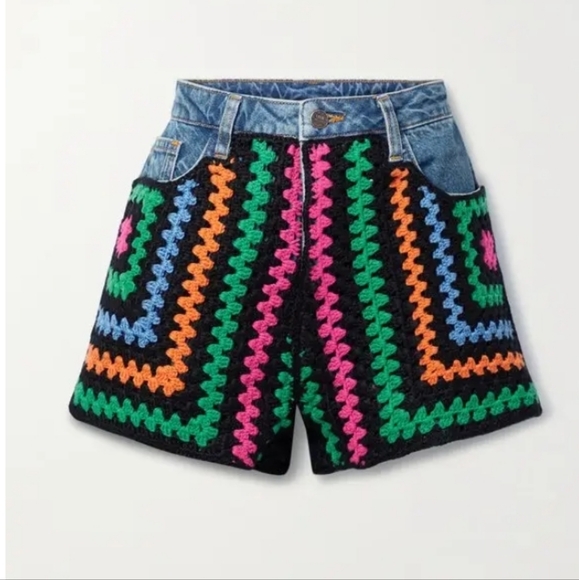 Farm Rio Crocheted Panel Denim Jean Shorts High Rise Waist Anthropologie 23 - Picture 3 of 16